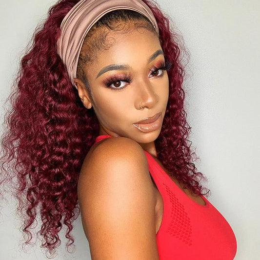 Sugar Plum Color Deep Curly Headband Wig With Natural Black Root 1B 99J