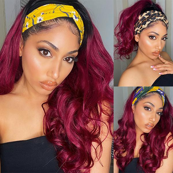 Sugar Plum Color Body Wavy Headband Wig With Natural Black Root 1B 99J